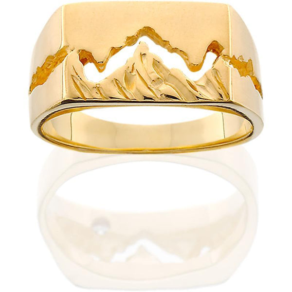 Men's 14K Yellow Gold Wide Teton Ring w/Textured Mountains