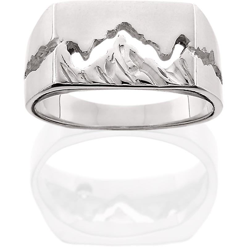 Men's 14K White Gold Wide Teton Ring w/Textured Mountains