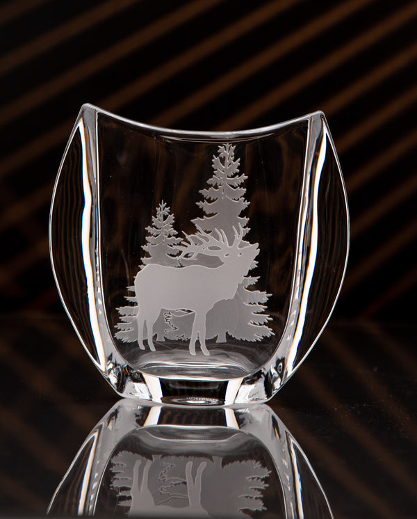 GL314ET; Tall, Narrow Crystal Vase w/Elk and Two Trees