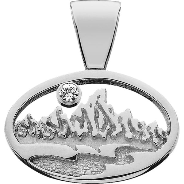 Oval WHITE GOLD Teton Pendant w/Textured Mountains and River