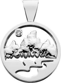 WHITE GOLD Teton Pendant w/Raised Mountains and an Open River