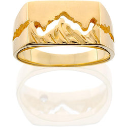 Men's 14K Yellow Gold Wide Teton Ring w/Textured Mountains