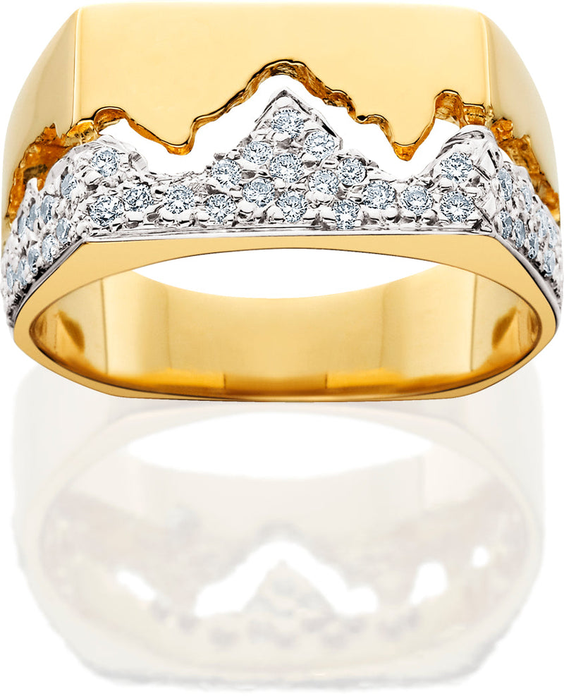 HR112; Women's 14K Yellow Gold Wide Teton Ring w/Diamond Pave Mountains