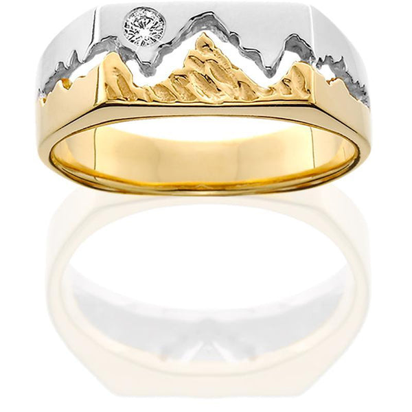 HR038; Men's 14K Two-Toned Gold Teton Ring w/Textured Mountains
