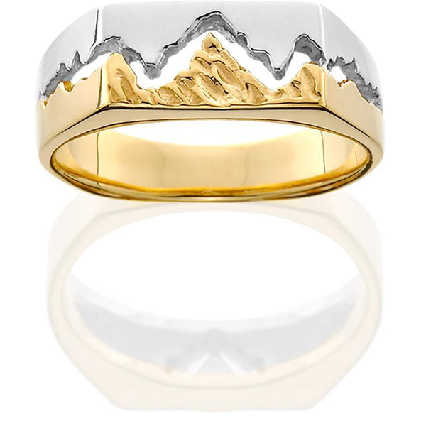 HR038; Men's 14K Two-Toned Gold Teton Ring w/Textured Mountains