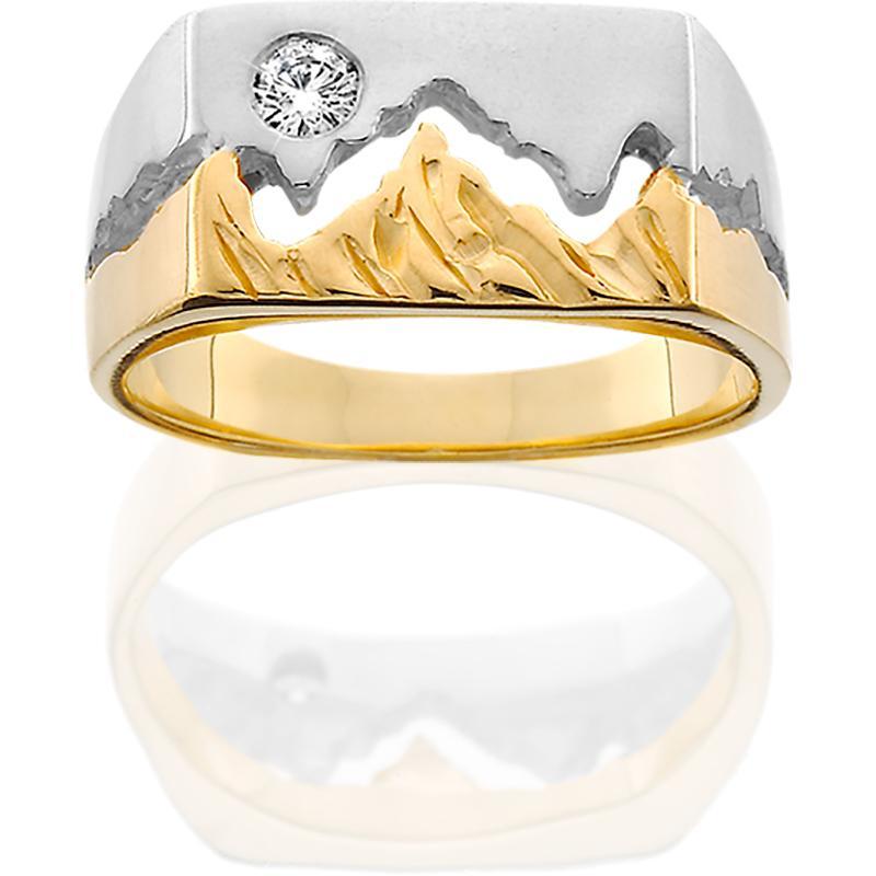 HR042; Men's 14K Two-Toned Gold Wide Teton Ring w/Textured Mountains