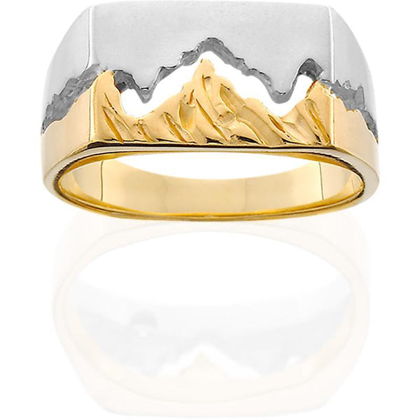 Men's 14K Two-Toned Gold Wide Teton Ring w/Textured Mountains