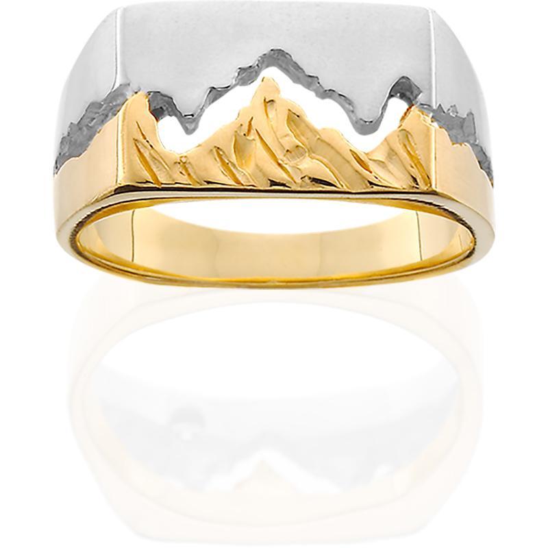 HR042; Men's 14K Two-Toned Gold Wide Teton Ring w/Textured Mountains