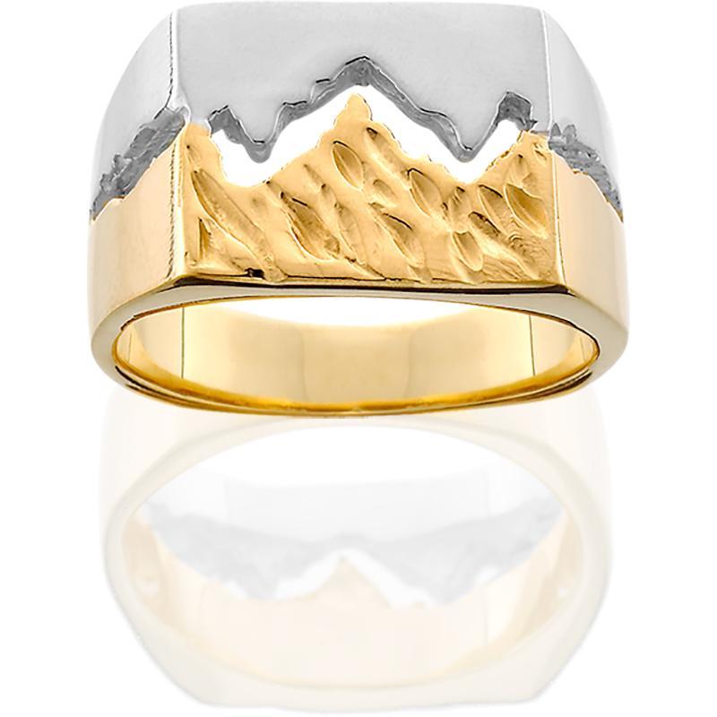 HR146; Women's 14K Two-Toned Gold Extra Wide Teton Ring w/Textured Mountains