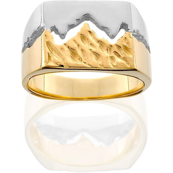 Men's 14K Two-Toned Gold Extra Wide Teton Ring w/Textured Mountains