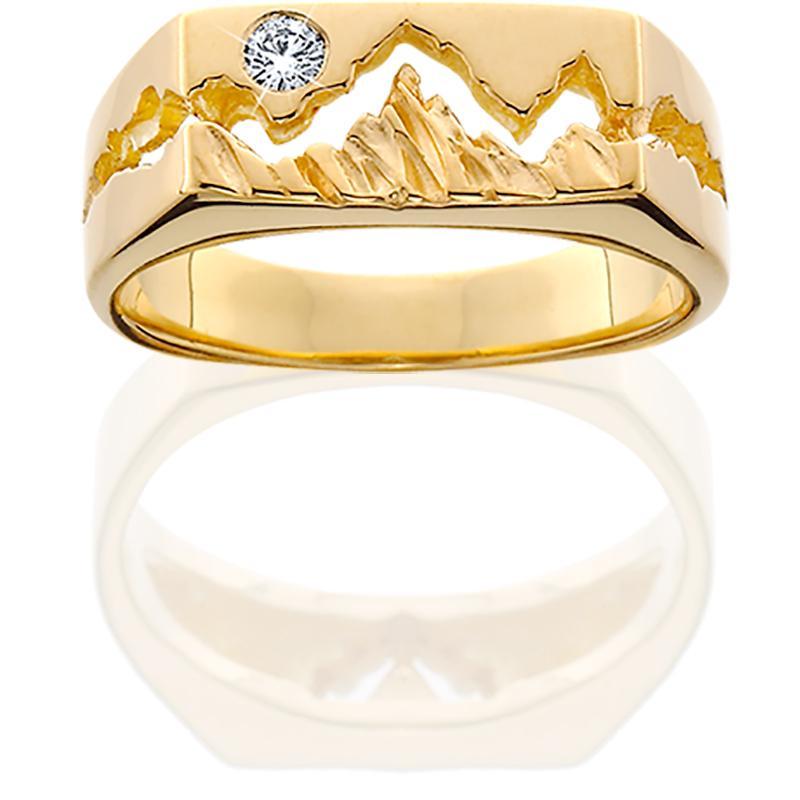 HR103; Women's 14K Yellow Gold Teton Ring w/Textured Mountains