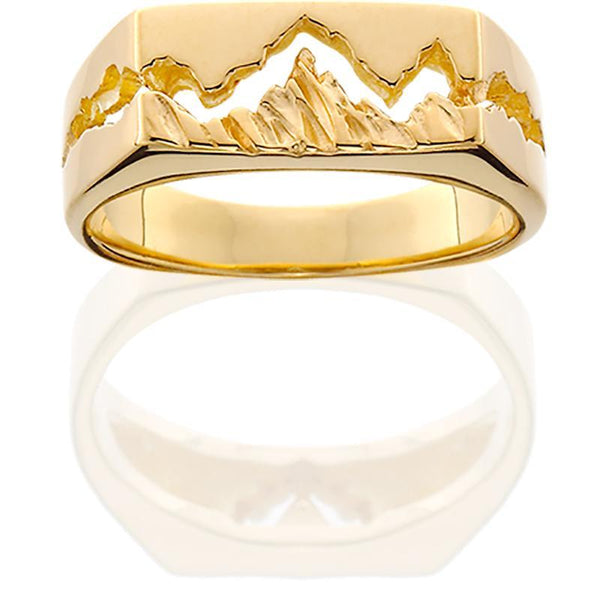 HR103; Women's 14K Yellow Gold Teton Ring w/Textured Mountains