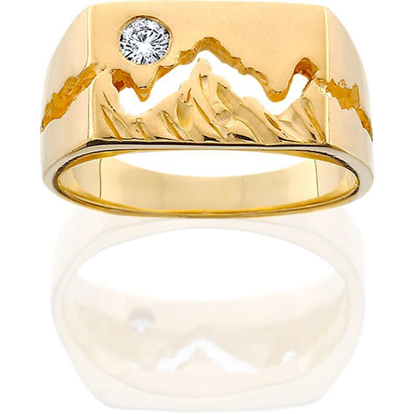 Women's 14K Yellow Gold Wide Teton Ring w/Textured Mountains