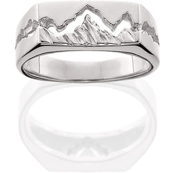 HR124; Women's 14K White Gold Teton Ring w/Textured Mountains