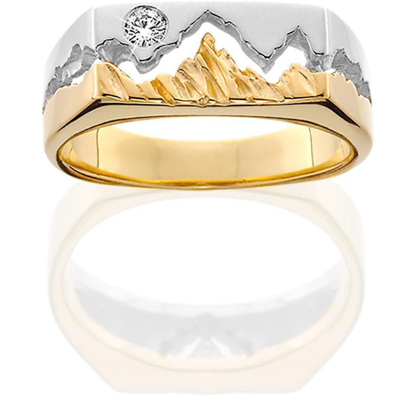HR138; Women's 14K Two-Toned Gold Teton Ring w/Textured Mountains