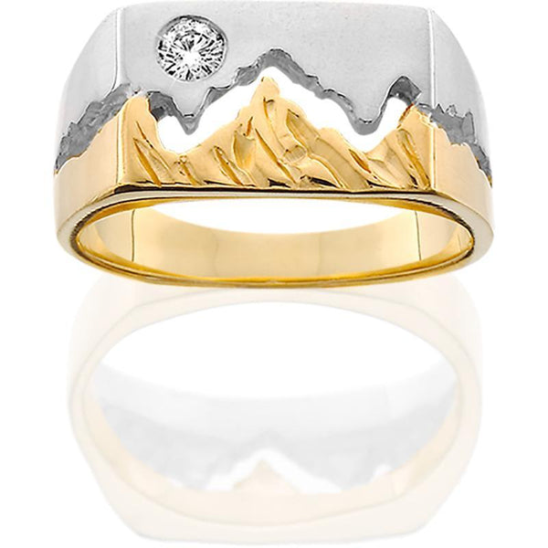 Women's 14K Gold Two Toned Wide Teton Ring w/Textured Mountains