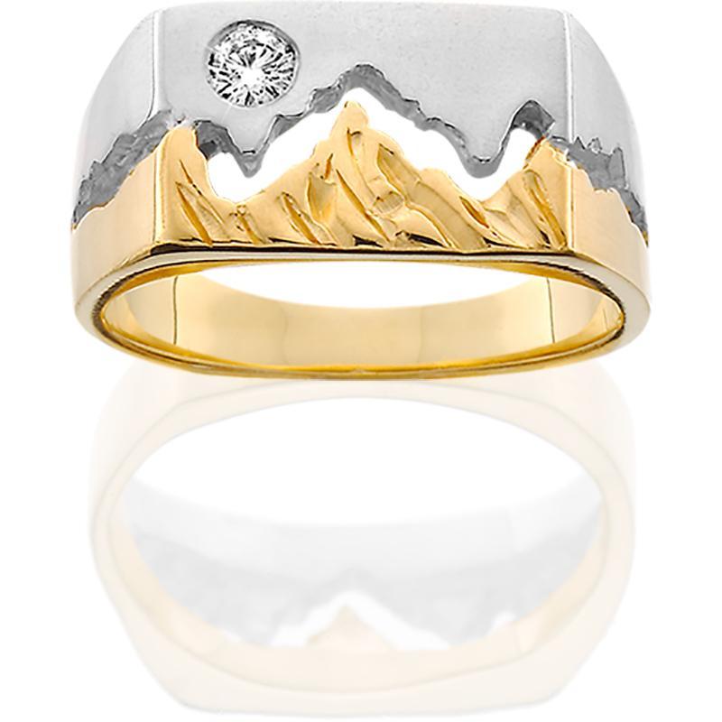 HR142; Women's 14K Gold Two Toned Wide Teton Ring w/Textured Mountains