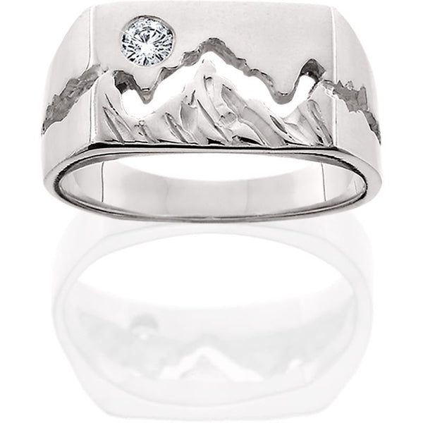 HR209; Men's Silver Wide Teton Ring w/Textured Mountains
