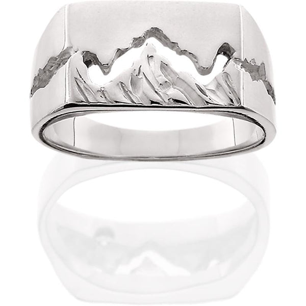HR128; Women's 14K White Gold Wide Teton Ring w/Textured Mountains