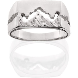Men's 14K White Gold Wide Teton Ring w/Textured Mountains