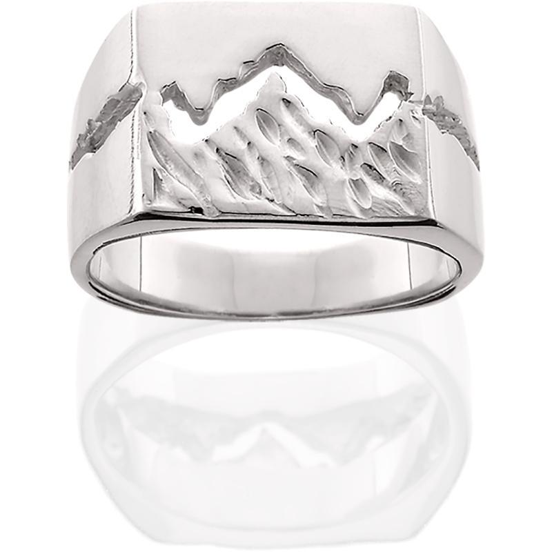 HR032; Men's White Gold Extra Wide Teton Ring w/Textured Mountains