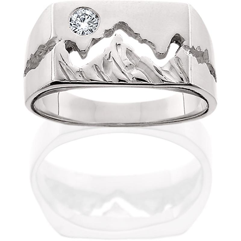 HR309; Women's Silver Wide Teton Ring w/Textured Mountains