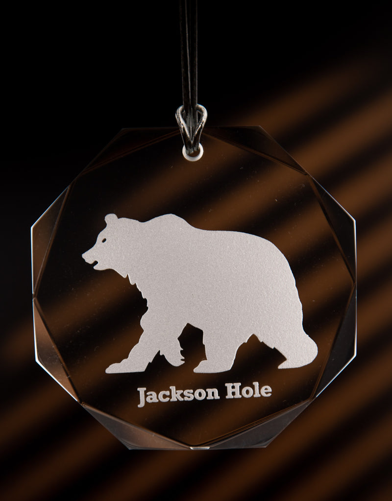 GL500G; Crystal Round Grizzly Bear Ornament w/Beveled Edges