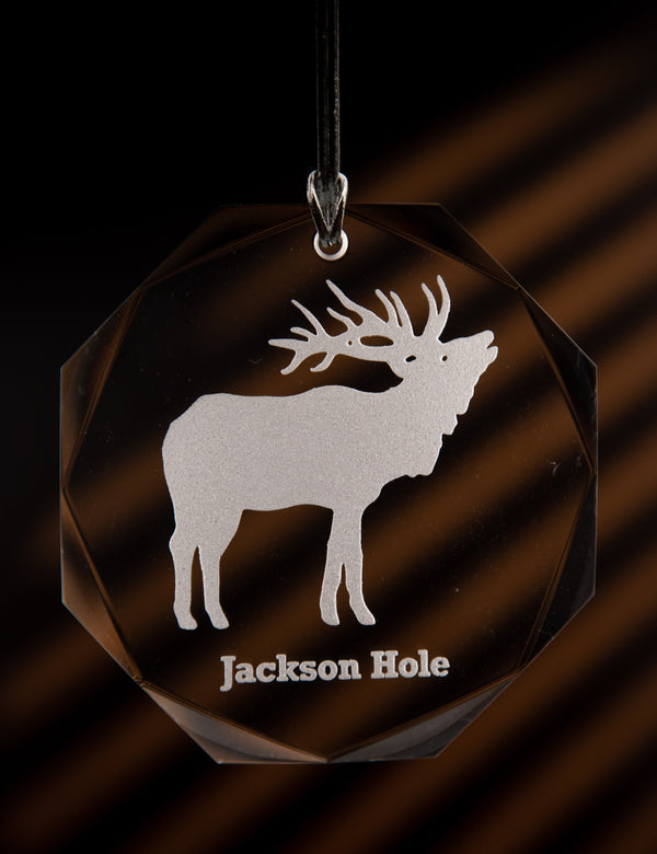 GL500E; Crystal Round Bull Elk Ornament w/Beveled Edges