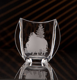 Tall, Narrow Crystal Vase w/Bison and Two Trees