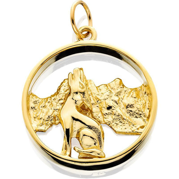 HD130; 14K Yellow Gold Howling Coyote In Circle w/Textured Mountains
