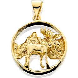 HD081; 14K Yellow Gold 3D Moose in Circle Pendant with Textured Mountains