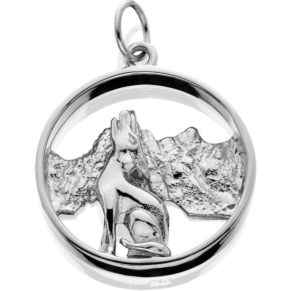 HDS130; Silver 3D Coyote Howling Pendant with Textured Mountains in Circle