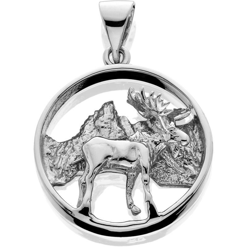 HDS081; Silver 3D Moose Pendant w/Textured Mountains in Circle