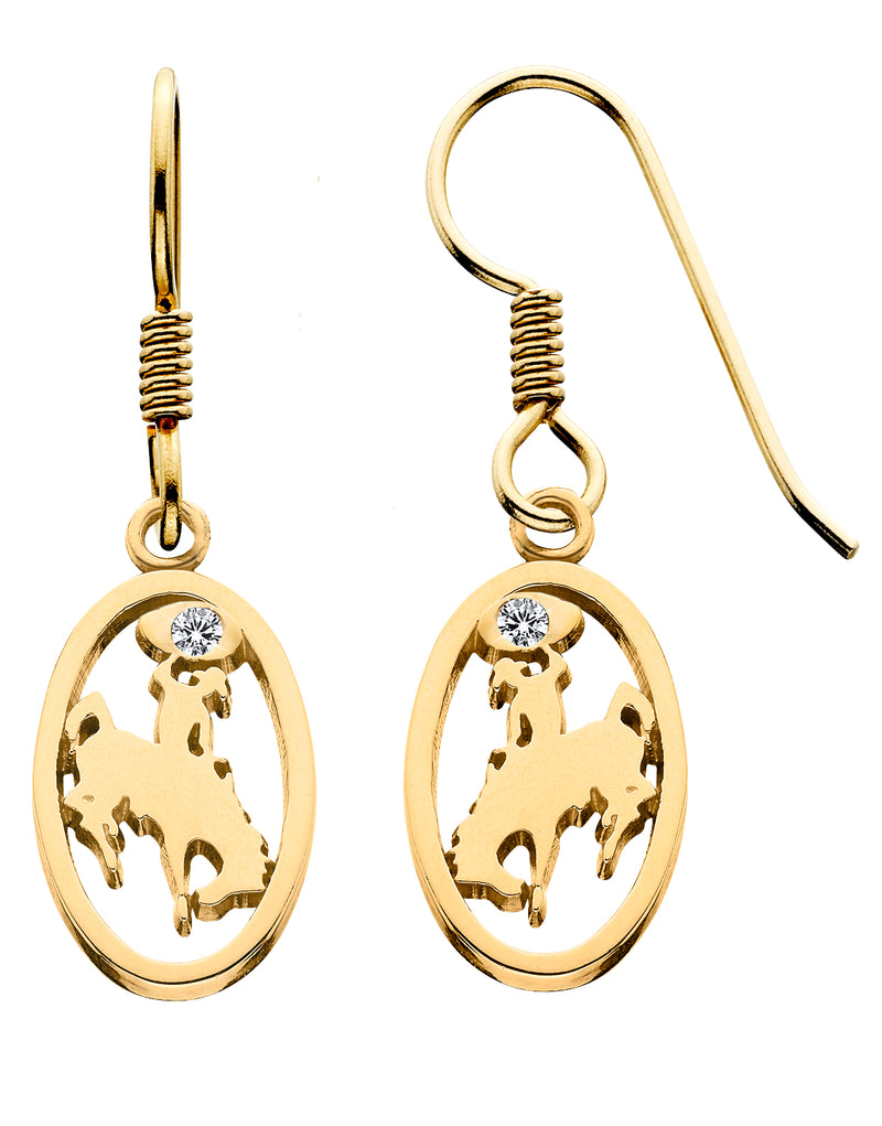 HE081D; 14K Yellow Gold Small Bucking Bronco Earrings w/Diamonds in Lasso, French Wires