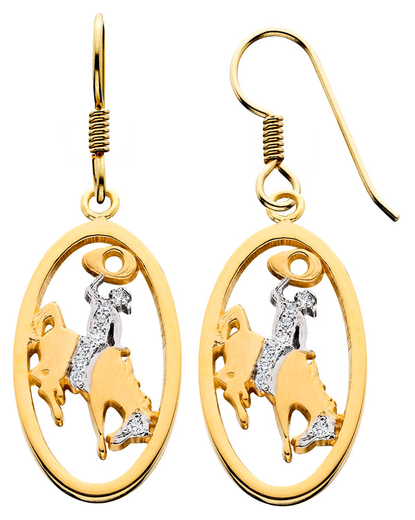 HE093; 14K Yellow Gold Large Bucking Bronco Earrings w/Partial Diamond Pave, French Wire