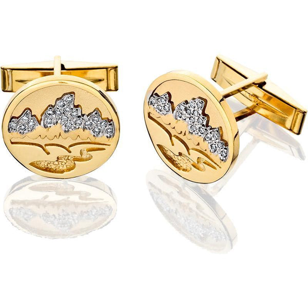HG032D; 14K Yellow Gold  Teton Cufflink w/Pave Diamonds Mountains and Textured River