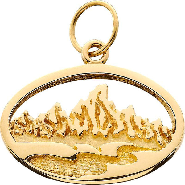 HP010; 14K Yellow Gold Large Oval Charm w/Textured Mountain and River