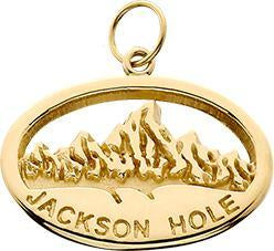 HP012; 14K Yellow Gold Large 'Jackson Hole' Oval Charm w/Textured Mountains