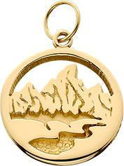 HP027; 14K Yellow Gold X-Small Teton Charm w/Textured Mountains and River