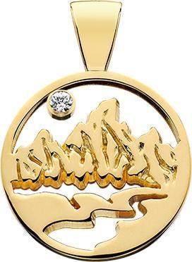 HP161; 14K Yellow Gold Large Teton Pendant w/Raised Mountains and Textured River