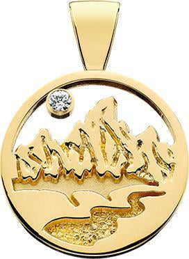 HP161; 14K Yellow Gold Large Teton Pendant w/Raised Mountains and Textured River