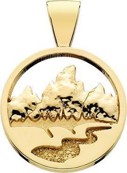 HP161; 14K Yellow Gold Large Teton Pendant w/Raised Mountains and Textured River