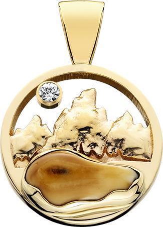HP177; CUSTOM 14K Yellow Gold X-Large Pendant w/Raised Mountains and an Elk Ivory