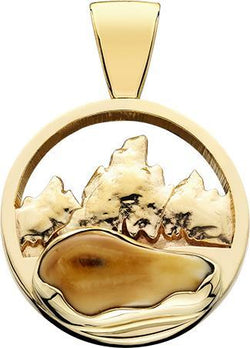 HP177; CUSTOM 14K Yellow Gold X-Large Pendant w/Raised Mountains and an Elk Ivory