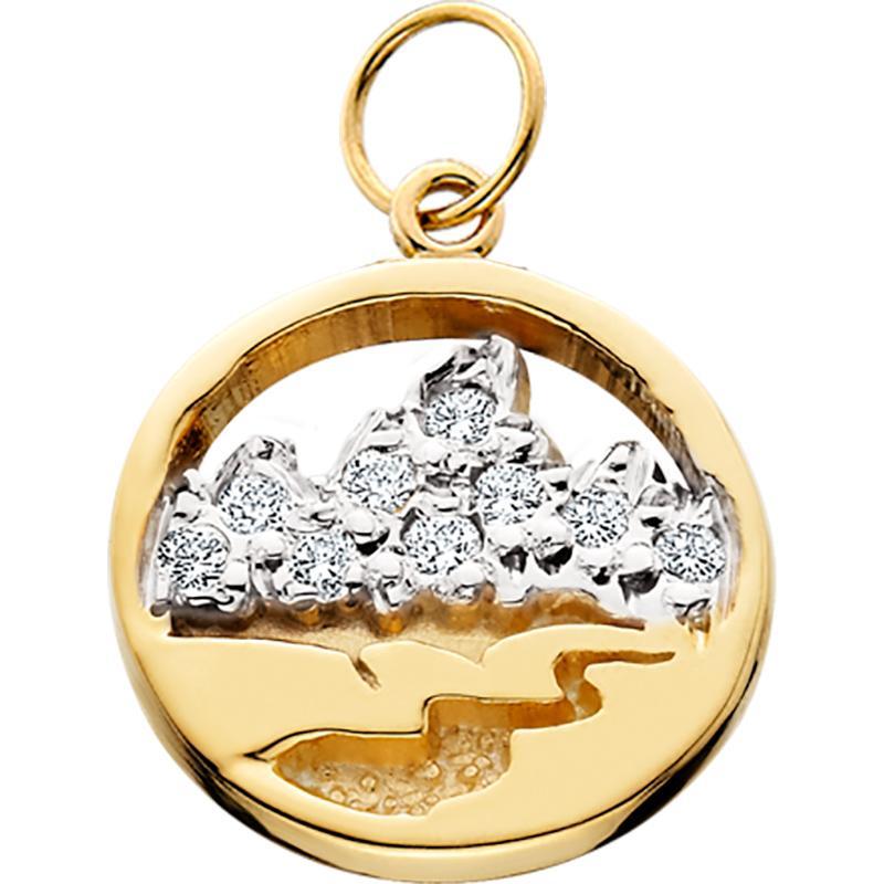 HP421; 14K Yellow Gold Mini Teton Charm or Pendant with Diamond Pave Mountains and Textured River