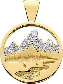 HP437; 14K Yellow Gold Small Teton Pendant w/Diamond Pave Mountains, Pierced Sky and Textured River