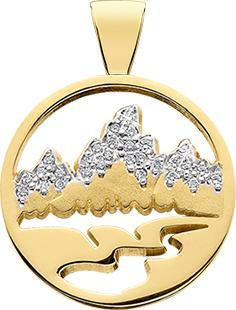 HP450; 14K Yellow Gold Medium Teton Pendant w/Diamond Pave Mountains and Pierced Background