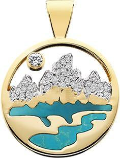 HP455; 14K Yellow Gold Medium Teton Pendant w/Diamond Pave Mountains and Turquoise Inlay