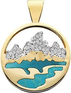 HP455; 14K Yellow Gold Medium Teton Pendant w/Diamond Pave Mountains and Turquoise Inlay