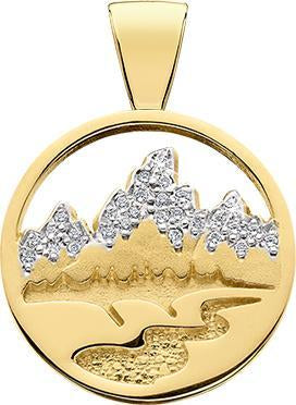 HP461; 14K Yellow Gold Large Teton Pendant w/Diamond Pave Mountains and Textured River